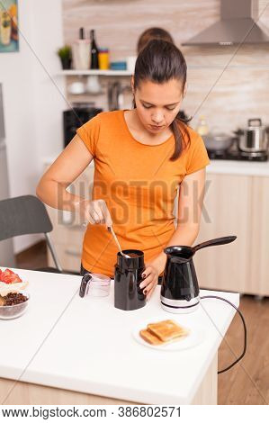 Woman Using Fresh Coffee Ground To Prepare A Deicious Coffee. Healthy Lifestyle, Making Morning Deli