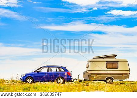 Caravan Trailer Camping On Seashore. Capicorb, Valencia Region Spain. Vacation With Mobile Home.