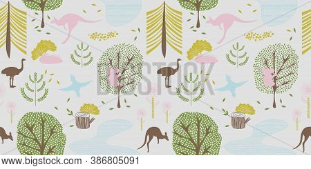 Australia Seamless Pattern With Australian Traditional Animals: Kangaroo, Koala, Ostrich, Parrot. Ve