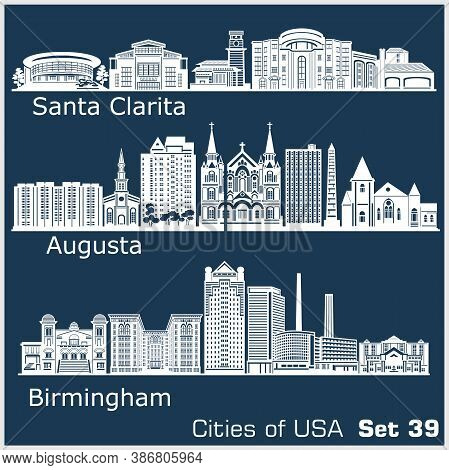 Cities Of Usa - Birmingham, Santa Clarita, Augusta. Detailed Architecture. Trendy Vector Illustratio