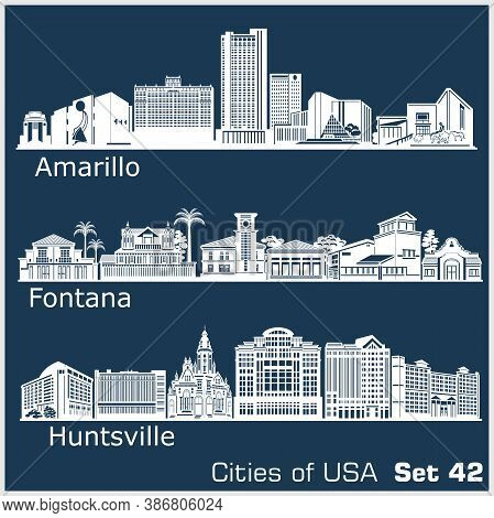 Cities Of Usa - Fontana, Amarillo, Huntsville. Detailed Architecture. Trendy Vector Illustration.