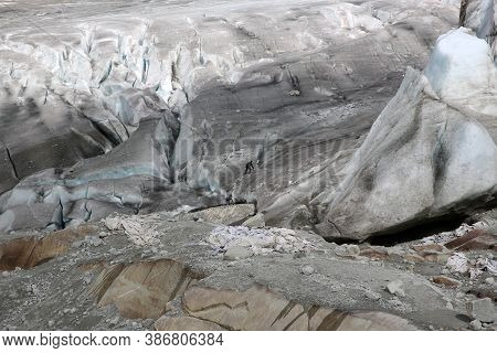 Gletsch, Switzerland - August 30, 2014: Hiking On Rhone Glacier In The Swiss Alps. Switzerland. Euro