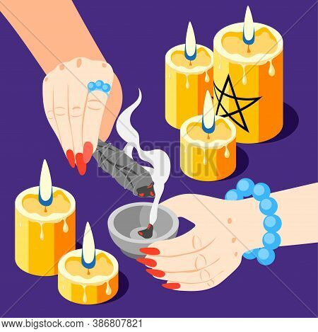 Magical Services Isometric Composition With Images Of Burning Candles And Fortune Teller Hands Perfo