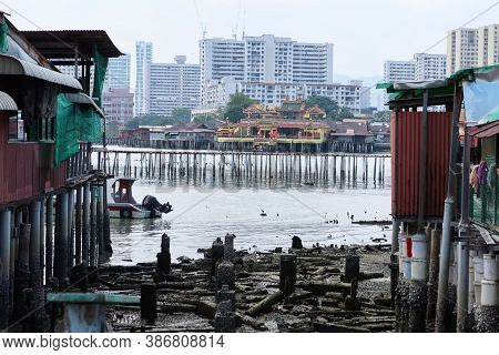 Georgetown, Penang, Malaysia, January 18, 2020: Hean Boo Thean Kuan Yin Temple Seen From Chew Jetty,