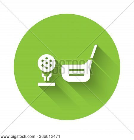 White Golf Flag And Golf Ball On Tee Icon Isolated With Long Shadow. Golf Equipment Or Accessory. Gr