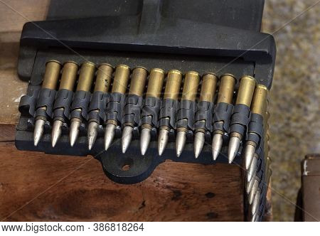 Linked Belt Of British 0.303 Machine Gun Bullets In Loader.
