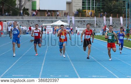 Istanbul, Turkey - September 12, 2020: Athletes Running 100 Metres During Balkan U20 Athletics Champ