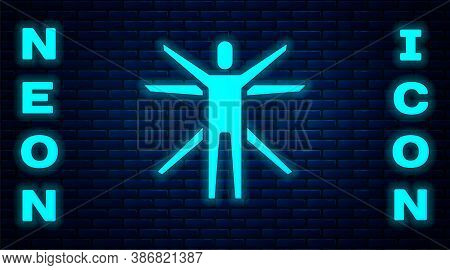 Glowing Neon Vitruvian Man By Leonardo Da Vinci Icon Isolated On Brick Wall Background. Human Anatom