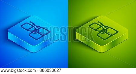 Isometric Line British Guardsman With Bearskin Hat Marching Icon Isolated On Blue And Green Backgrou