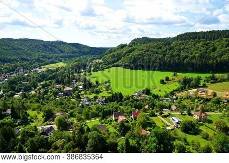 MALA SKALA,CZECH REPUBLIC - AUGUST 26, 2020: View of Mala Skala village from Vranov Castle in Bohemian paradise ( Cesky Raj ),Czechia.