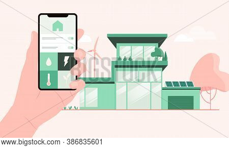 Sustainable Home With Solar Panels And Wind Farms Mobile Application Which Is Used By Its Owner. Eco