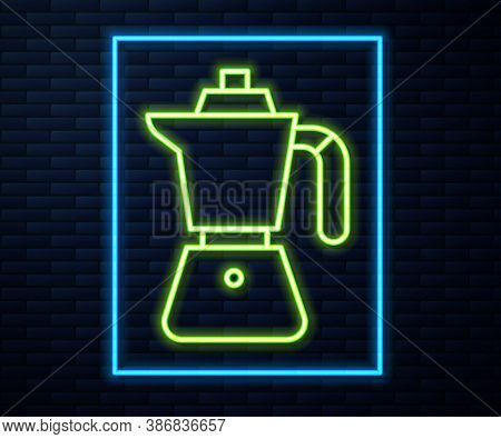 Glowing Neon Line Coffee Maker Moca Pot Icon Isolated On Brick Wall Background. Vector