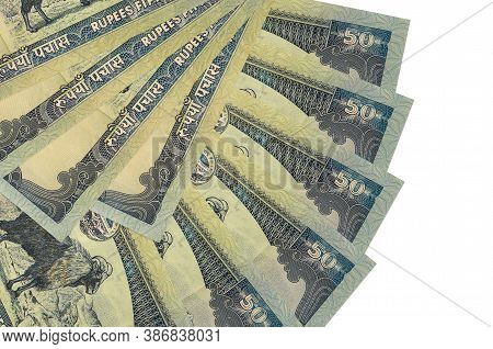 50 Nepalese Rupees Bills Lies Isolated On White Background With Copy Space Stacked In Fan Shape Clos