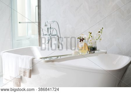 Close Up Chrome Faucet Shower Bath Tub Room  Interior Design