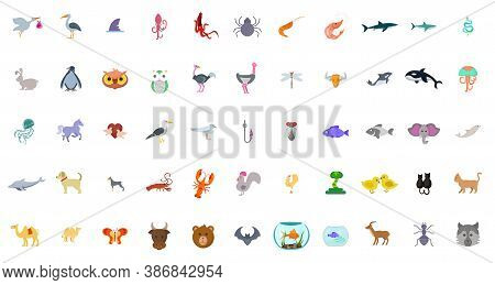 Animals Flat Icon Set. With Birds And Sea Animals