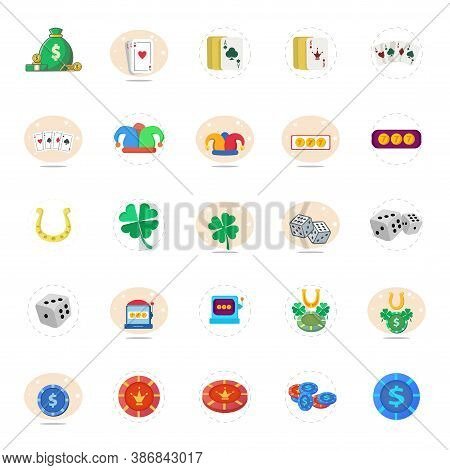 Casino Flat Icon Set With Casino Slot, Dices, Playing Card, Joker Cap