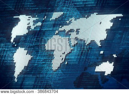 Blue World Map Wallpaper In Schematic Digital Form With Program Code