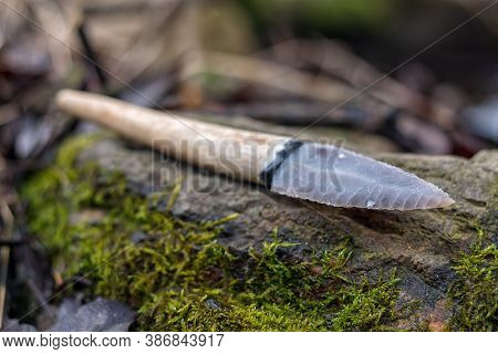 Flint Knife - Stone Age Tool - Leaf Blade In Deer Antler - In Nature