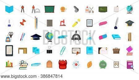 School And Education Flat Icon Set With Graduation Cap, Book, Pencil, Pen, Eraser, Blackboard