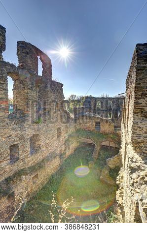 Interior Of Medieval Castle Ruins With Sun Glare Effect