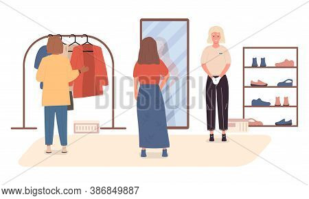 Shopping Concept. One Woman Standing In Front Of A Mirror In A Clothing Store And Trying On A Skirt 