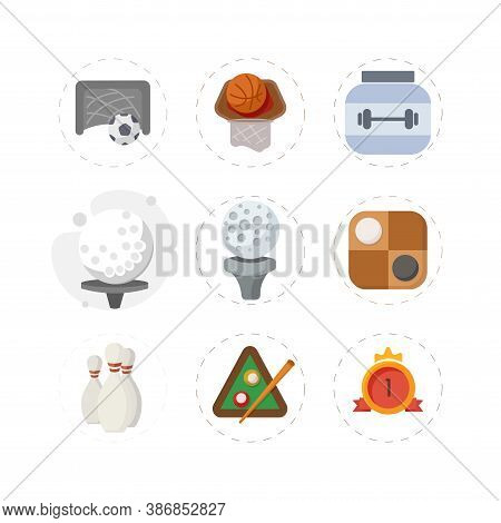 Sport Flat Icon Set With Golf Ball, Billiards, Bowling, Checkers, Protein Can, First Place Medal, So