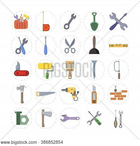 Repair Tools Flat Icon Set With Hammer, Wrench And Screwdriver, Drill, Nails, Cutter, Painting Rolle