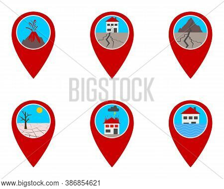 Detailed And Accurate Illustration Of Location Pins With Natural Desasters