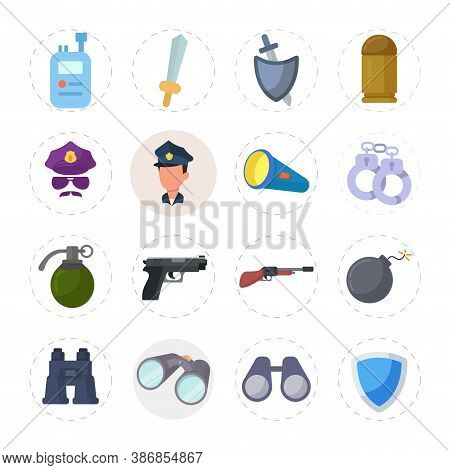 Weapon Flat Icon Set With Police Water, Pistol, Gun. Binoculars. Shield, Bomb, Hand Grenade, Handcuf