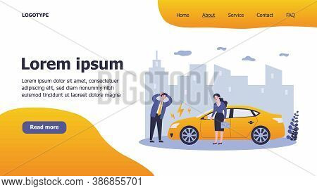 Drivers Upset About Car Breakdown. City Traffic, Engine Failure, Damage Flat Vector Illustration. Au