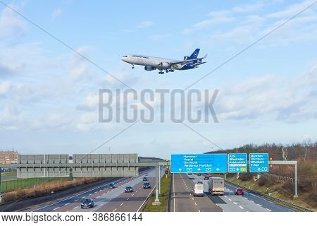 Md-11 Lufthansa Cargo Airlines. Germany, Frankfurt Am Main Airport, View Highway Autobahn. 14 Decemb