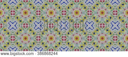 Ethnic Textile. Seamless Tie Dye Illustration. Ikat Asian Print. Blue, Indigo, Yellow, Red Seamless 
