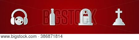 Set Headphones And Cd Or Dvd, Bottle Of Wine, Tombstone With Rip Written And Cross Icon. Vector