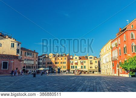Venice, Italy, September 13, 2019: Campo San Anzolo Santangelo Square With Typical Venetian Building
