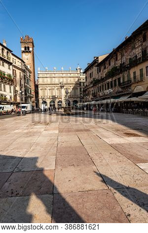 Verona, Italy - Sep 19, 2020: Piazza Delle Erbe, The Oldest Square In Verona, Unesco World Heritage 
