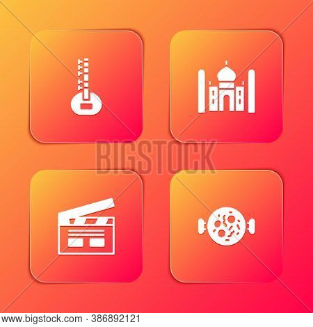 Set Sitar, Taj Mahal, Bollywood Indian Cinema And Chicken Tikka Masala Icon. Vector