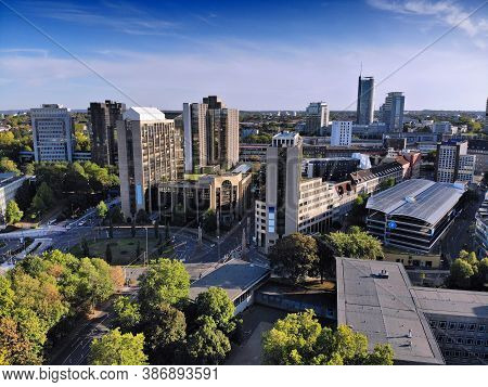 Essen City In Ruhr Region, Germany. Aerial View Of  Modern Urban Architecture.