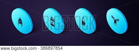 Set Isometric Moose Head With Horns, Wooden Log, Coffee Cup To Go And Winter Hat Icon. Vector
