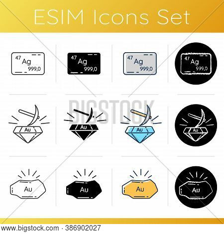 Gold Mining Icons Set. Argentum Element. Precious Metal Mining. Gemstone For Jewellery. Golden Nugge
