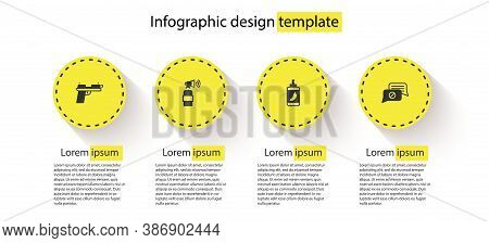 Set Pistol Or Gun, Air Horn, Pepper Spray And Speech Bubble Chat. Business Infographic Template. Vec