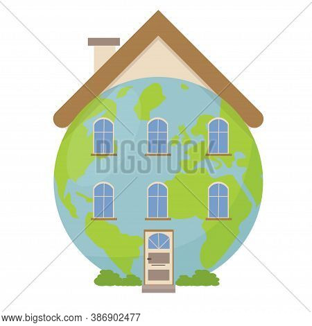 Earth Day, Ecology Concept Vector Illustration. Planet Earth Is Out Home, Planet With Door, Windows 