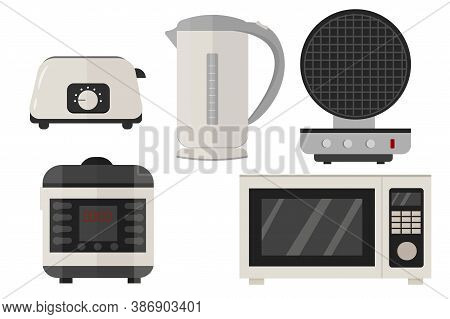 Slow Cooker, Electric Kettle, Toaster, Microwave, Waffle Iron Set In Vector Design. Graphic Illustra