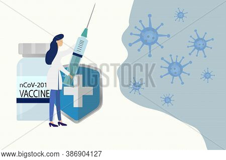 Bottle With Ncov Vaccine, Doctor With Injection Fighting With Ncov, Corona Virus. Vector Design. Pro