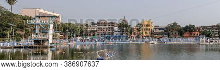 Kolkata, India - February 2, 2020: Panoramic View Over A Water Park With Diving Tower And A Water Po