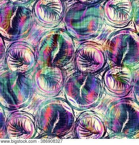 Blurry Rainbow Glitch Artistic Foliage Texture Background. Irregular Bleeding Watercolor Tie Dye Sea