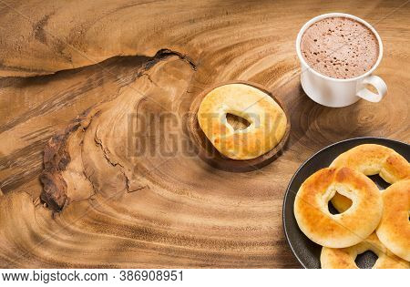 Pandequeso Traditional Colombian Food - Hot Drink Chocolate.