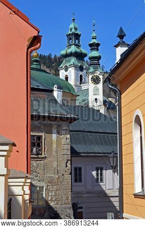 Street View Of Colorful Historical Architecture Of Little Historic Minig Town Banska Stiavnica In Sl