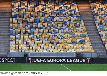 Kyiv, Ukraine - August 5, 2020: Uefa Europa League Banner On A Screenboard Of Nsc Olimpiyskyi Stadiu