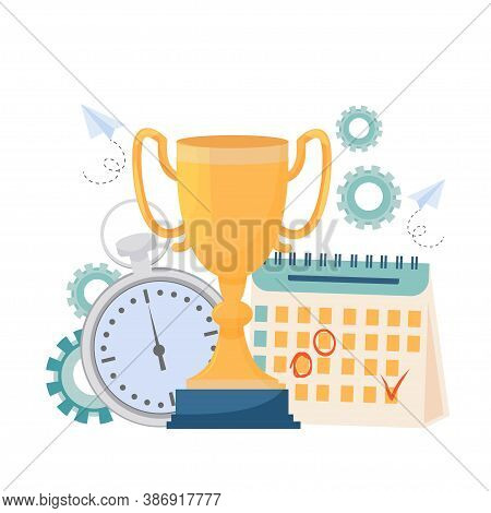 Golden Cup, Calendar, Stopwatch Simbol Award For Productivity, Success Stock Vector Illustration. Gr