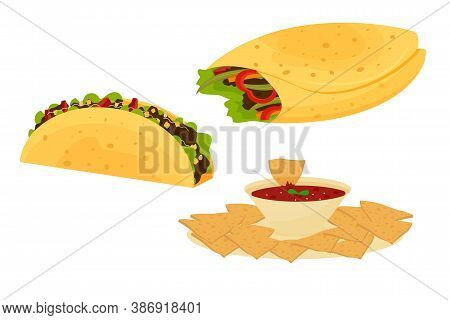Mexican Traditional Food Set With Burrito, Tacos, Nachos Isolated On White Background Stock Vector I
